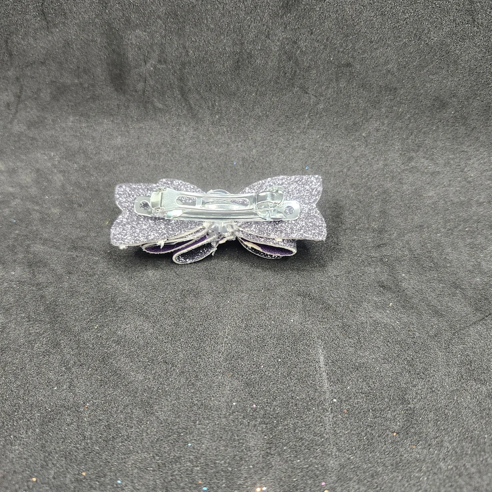 Handmade Purple & Silver Glitter Faux Leather Hair Bow Barrette Clip Girl
